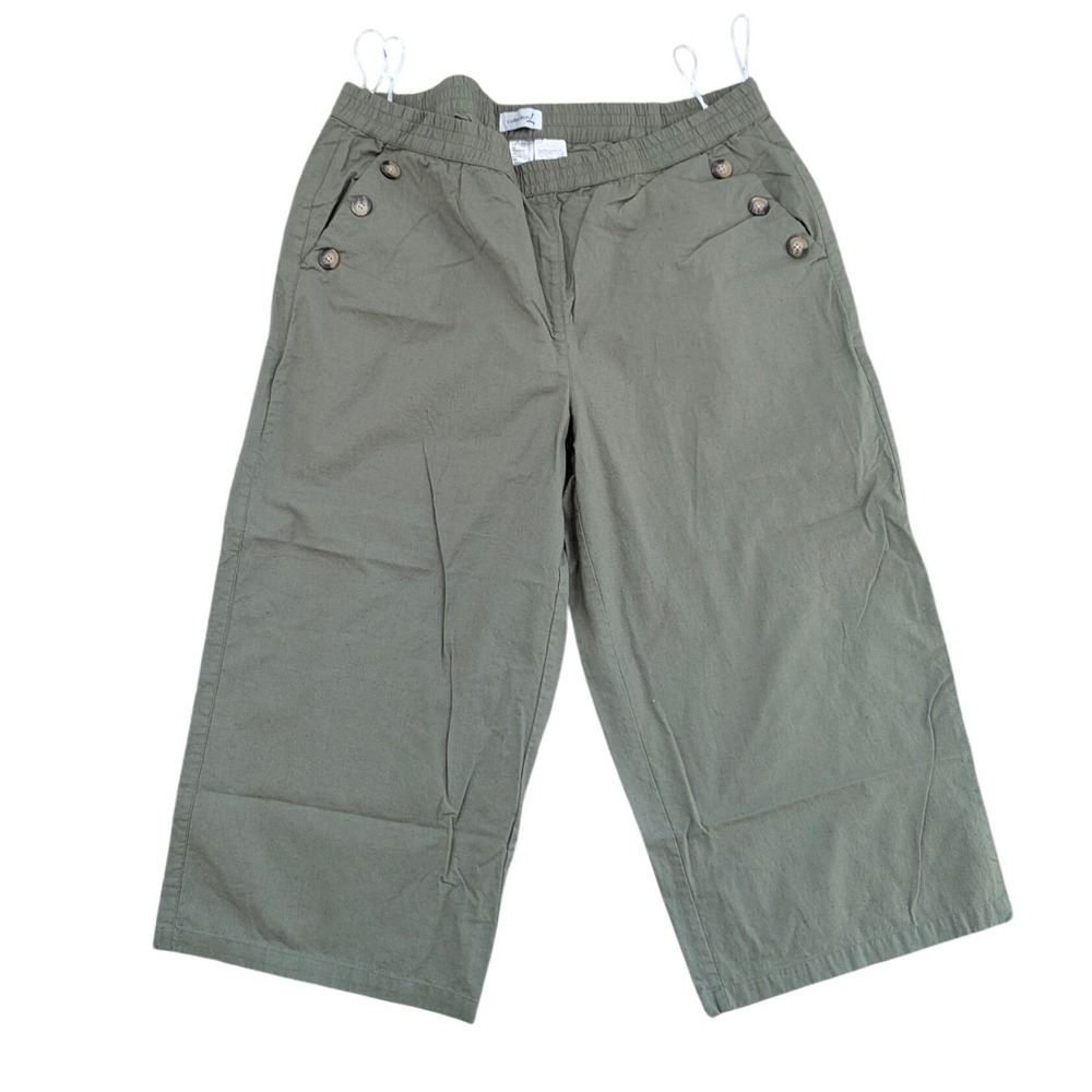Collection L Cropped‎ Pants Womens 16 Green Cotton Linen Wide Leg Button Casual